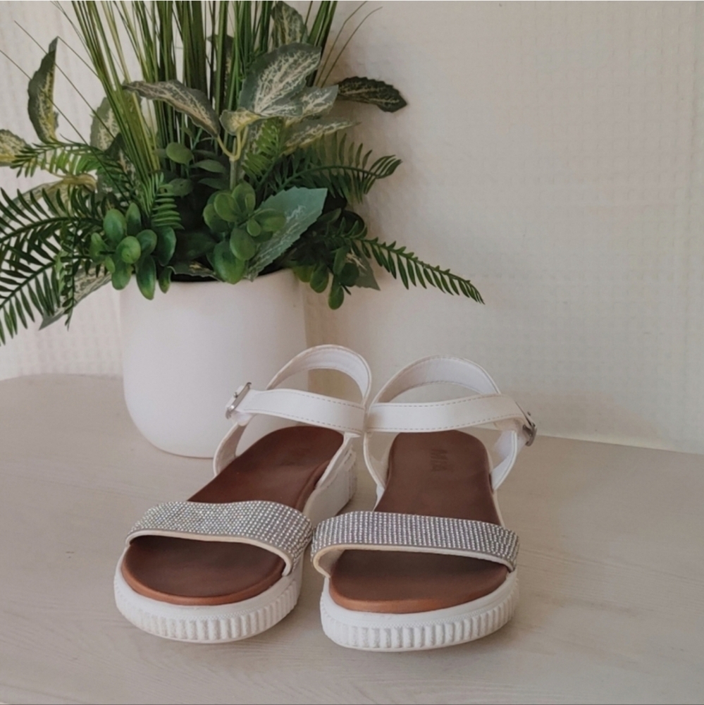 Girl Mia Ankle Strap Platform Sandals,  White with Silver Rhinestones Size 3